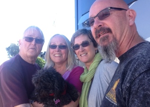 Other Half, me, our pooch Rigby, Donna and Mike
